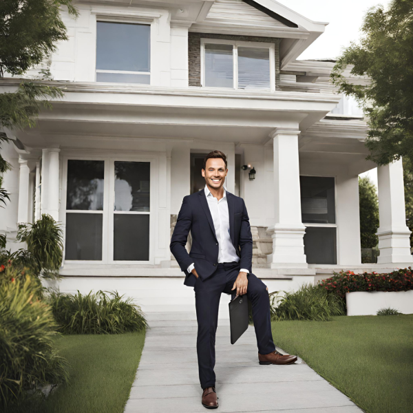 A Realtor standing in front of a house thats for sale