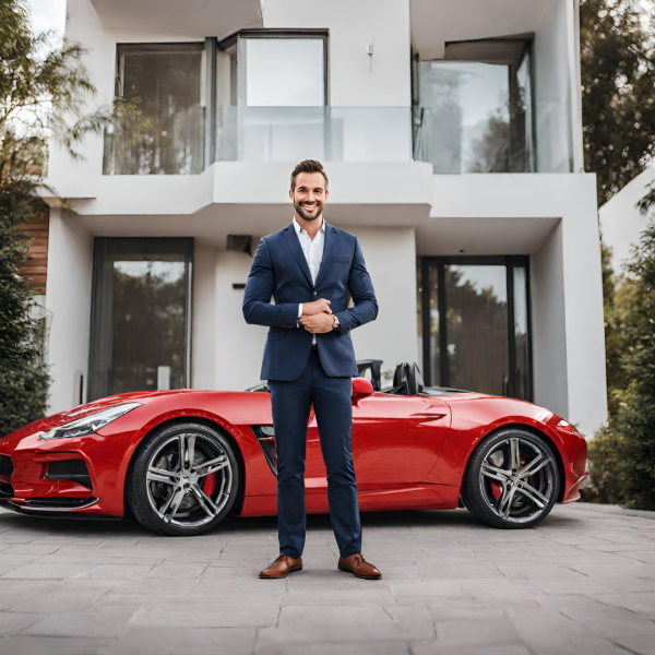 Well dressed real estate agent standing infront of a sports car